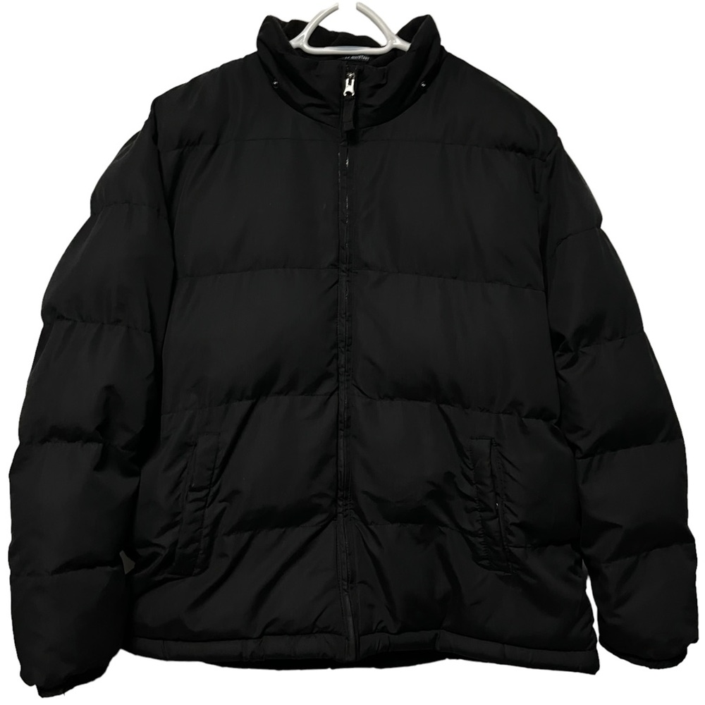 VTG PUFFER JACKET CLASSIC BLACK BUBBLE COAT PLAIN ESSENTIAL FULL ZIP MEN SIZE XL